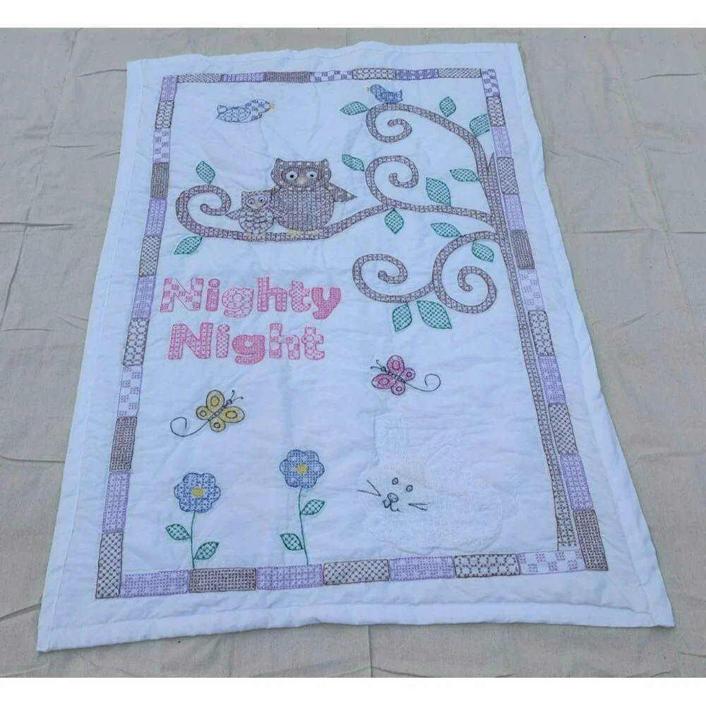 Handmade Baby Quilt, Embroidered Owl Flower Tree Nighty Night, White, 40
